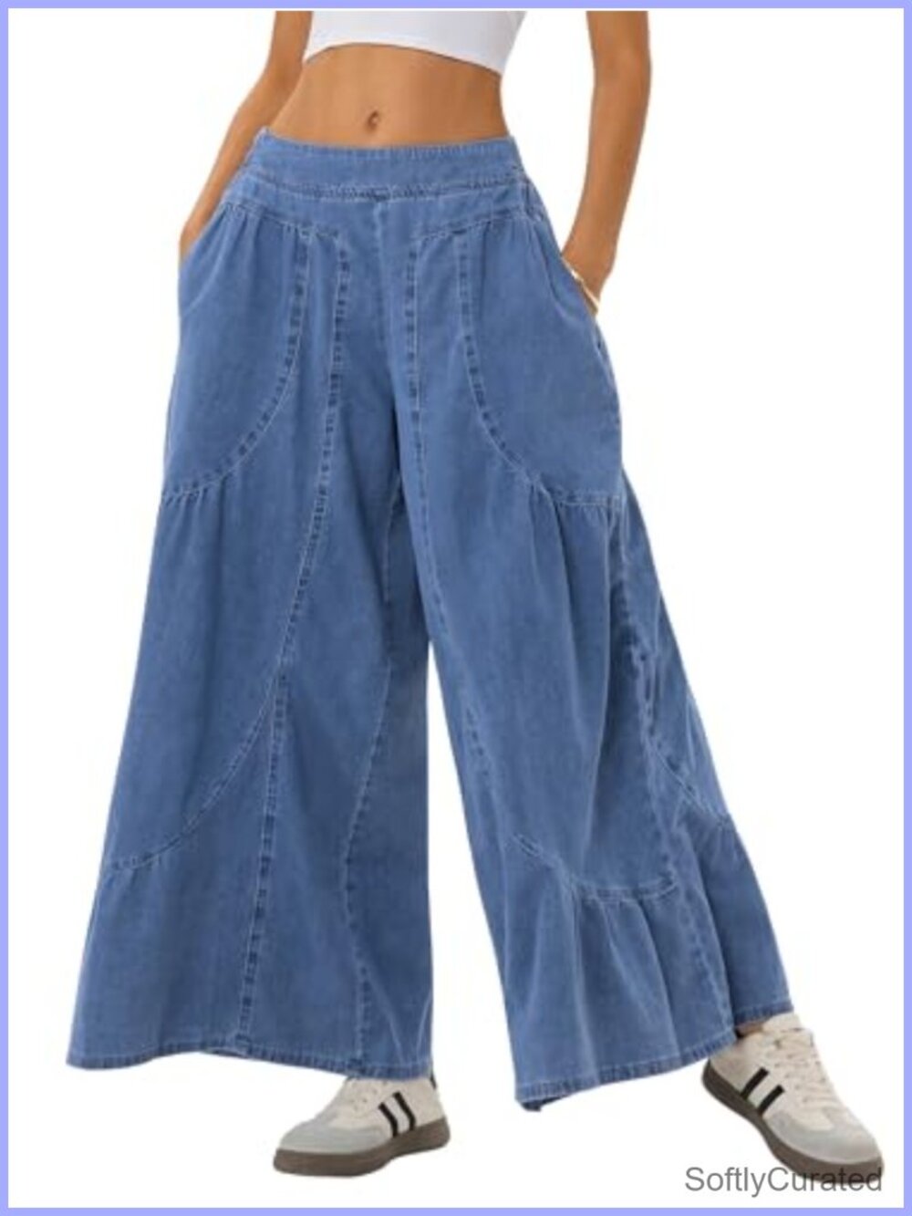 Boho Wide Leg Palazzo Jeans Flowy Ruffle Hem High Waist Cotton Pants
